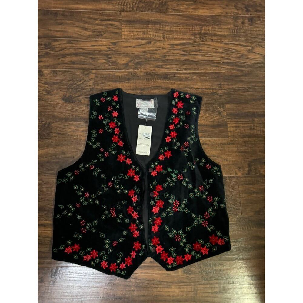 Vintage New Directions Vest Black Velvet Front Poinsettia & Holly Size L New